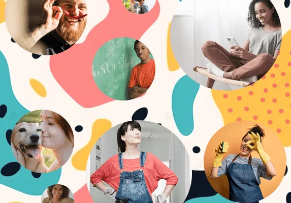Collage coloré de portraits : un artisan, une femme au téléphone, un couple, une personne avec son chien