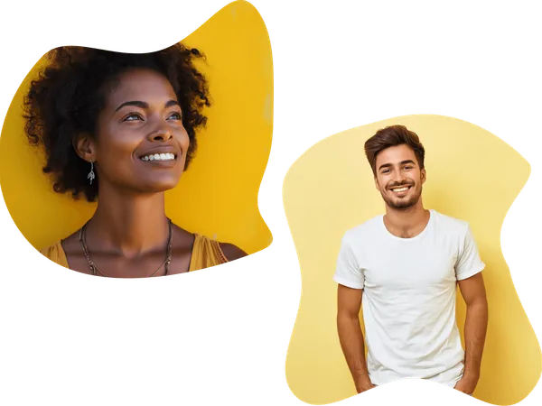 Illustration de deux jeunes gens souriants détourés sur des formes jaunes