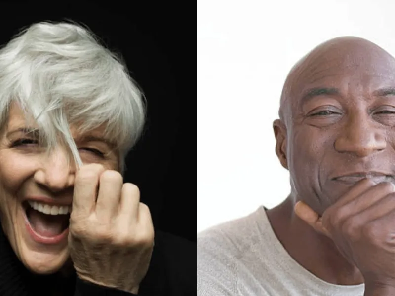 Deux portraits : une femme aux cheveux gris qui rit, un homme souriant, la main sous le menton